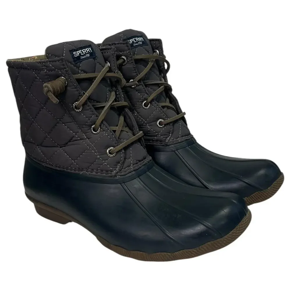 Sperry Saltwater Duck Boots Womens 9 Gray Navy Quilted Rubber Outdoor STS9327F